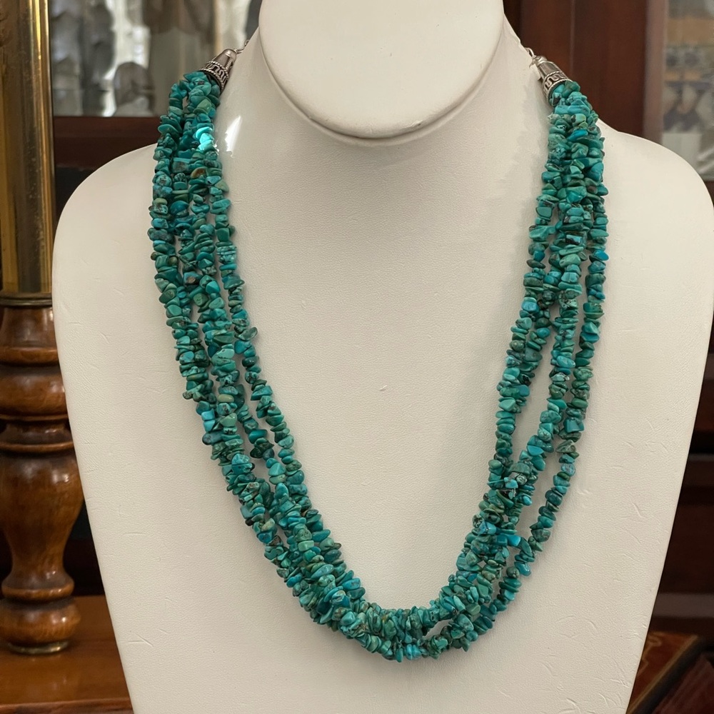 5 strand genuine natural turquoise bead sterling silver necklace - Picture 2 of 7